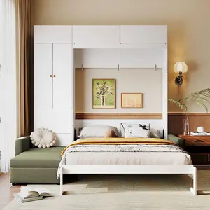Queen Size Murphy Bed Wall Bed with Sofa and Shelves,White Panel, Green Sofa(OLD SKU:LP000765AAG)