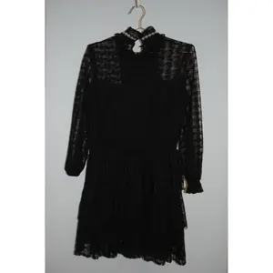 black Sandro lace tiered dress with sleeves and pearls, Dimensions / Fit: Knee-length (approx. 36–38”), fitted waist, high neck