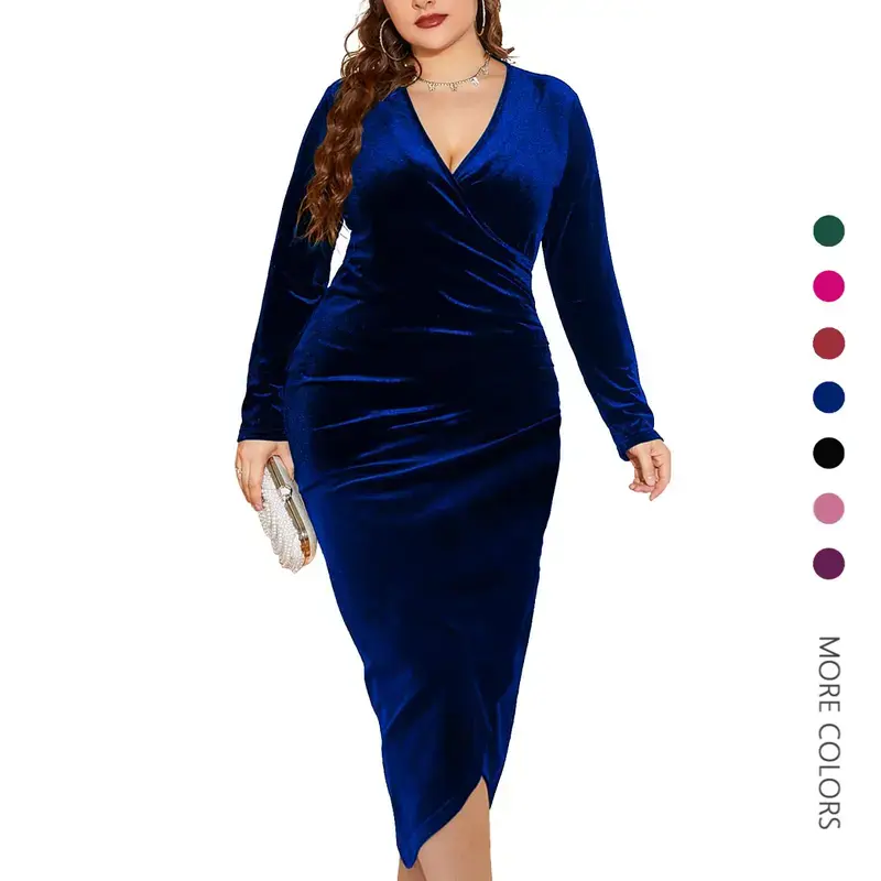 Womens Plus Size Long Sleeve Velvet Bodycon Dresses Sexy Ruched Wrap Deep V Neck Party Cocktail Dress�� Wine Red�� XX-Large Plus