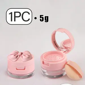1pc 5g Mini Loose Powder And Honey Powder Box, Compact powder container, With Pink Bow Decorate, Isolated Sieve Holes And Powder Puff, Equipped With Makeup Mirror, Travel Container, Portable And Space Saving, Beauty Supplies Accessories