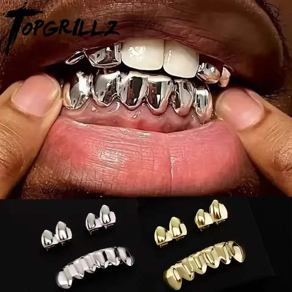 Glossy Teeth Grillz Hip Hop Gold Silver Color Top Bottom Tooth Caps For Women Men Jewelry Halloween Cosplay Gift