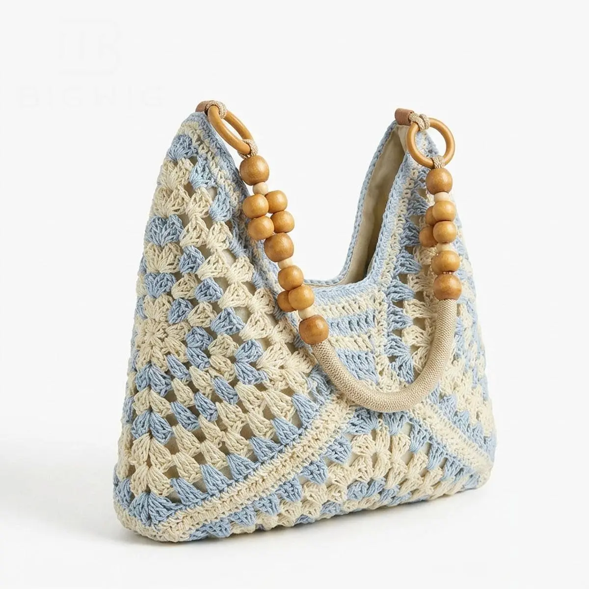Boho Crochet Shoulder Bag, Handcrafted Paper Rope Tote with Wooden Handles, Lightweight Lined Everyday Bag for Beach and Vacation, Handcrafted Bag, Everyday Shoulder Bag