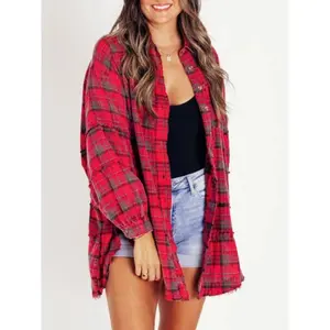 Women's Shirt Jacket with Pockets, Flannel Button-Down Long-Sleeved Plaid Jacket with Slit Hem, Classic Color Design, Casual Style - Baggy Womenswear Tops Coats Comfort Collar Outerwear Fitted Collared [Red] Loose