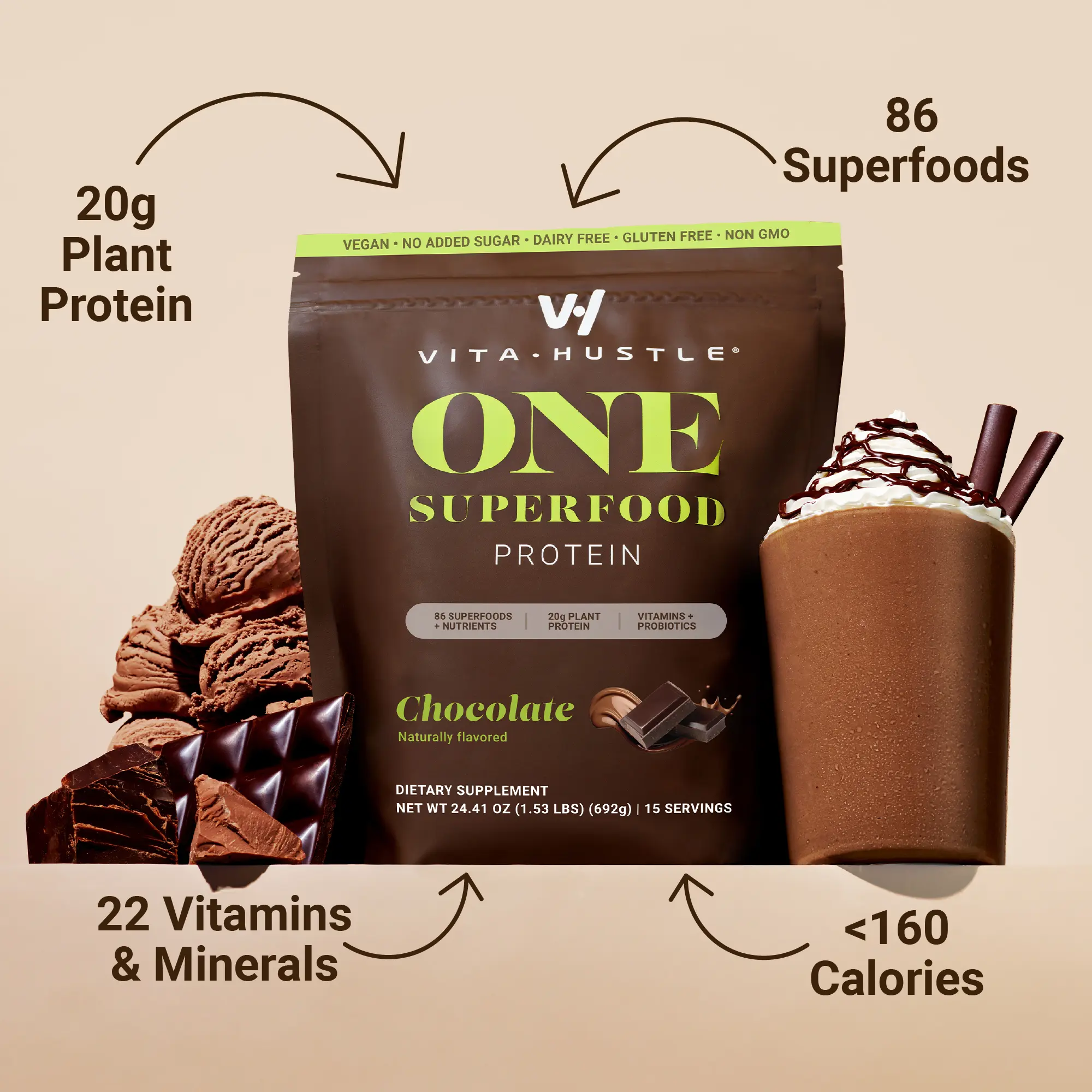 VitaHustle One Superfood High Protein Powder - 20G Plant Protein