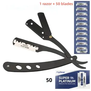 Men Shaving Razor Set, 1 Set Manual Razor with 50 Replacement Stainless Blades, Professional Beard Shaving Tool
