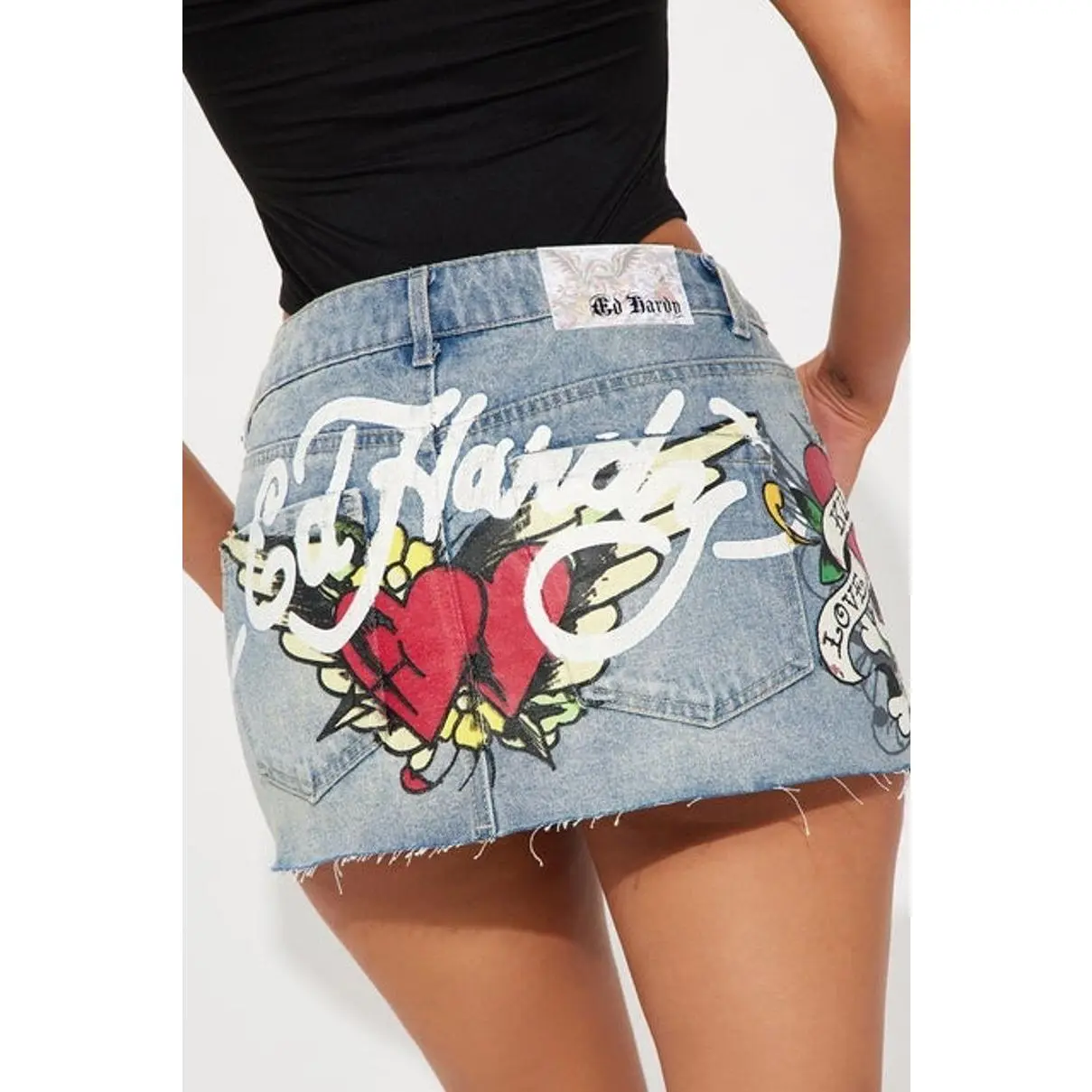 Women's Ed Hardy Skull Graphic Denim Mini Skirt - Light Wash, Cotton Garment, Zipper-Accented Bottom