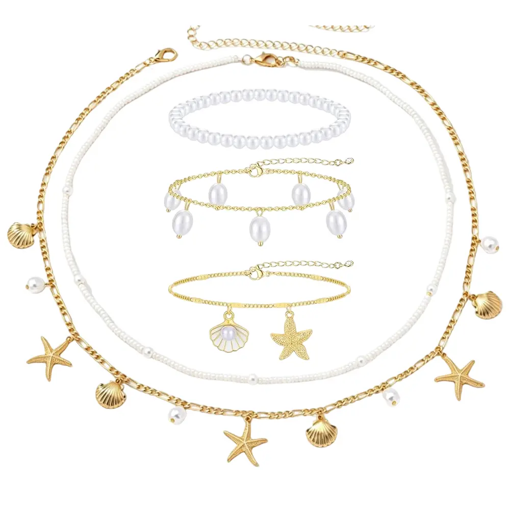 Boho Layered Pearl Body Accessory Kit, 2 Dainty Gold Star Shell Charm Waist Chain + 3 Pcs Pearl Ankle Bracelets Set, Beach Belly Chain Anklets for Summer Bikini Outfit, Women Holiday Gift