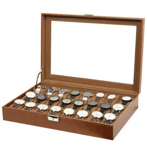 24 Slots Watch Box PU Leather Watch Case Organizer Watch Display Case Lockable