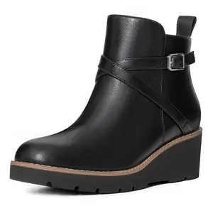 Athlefit Women's Wedge Ankle Boots Fashion Platform Lug Sole Buckle Short Booties with Side Zipper Girl Walking Shoes