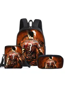 CR7 Football pattern printed 16-inch backpack three-piece set (single-layer backpack + small shoulder bag + single-layer pencil bag)