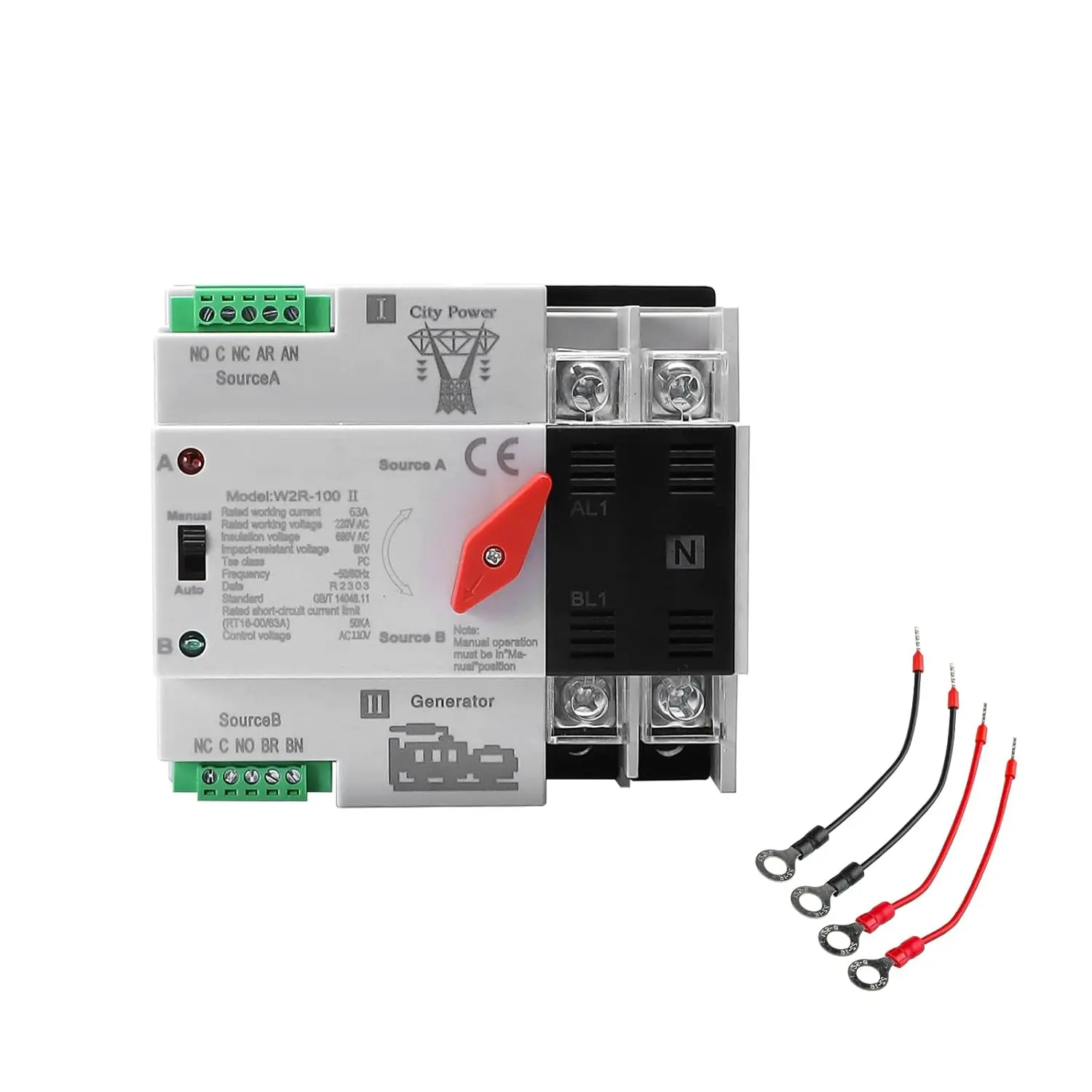 63Amp AC220V Automatic/Manual Transfer  2P 50/60Hz, 2POLE 63A Mini ATS Auto Dual Power  W2R for  Generator, Din Rail Mount Cn Automatic Changeover  Transfe for Solar,Rv, Power