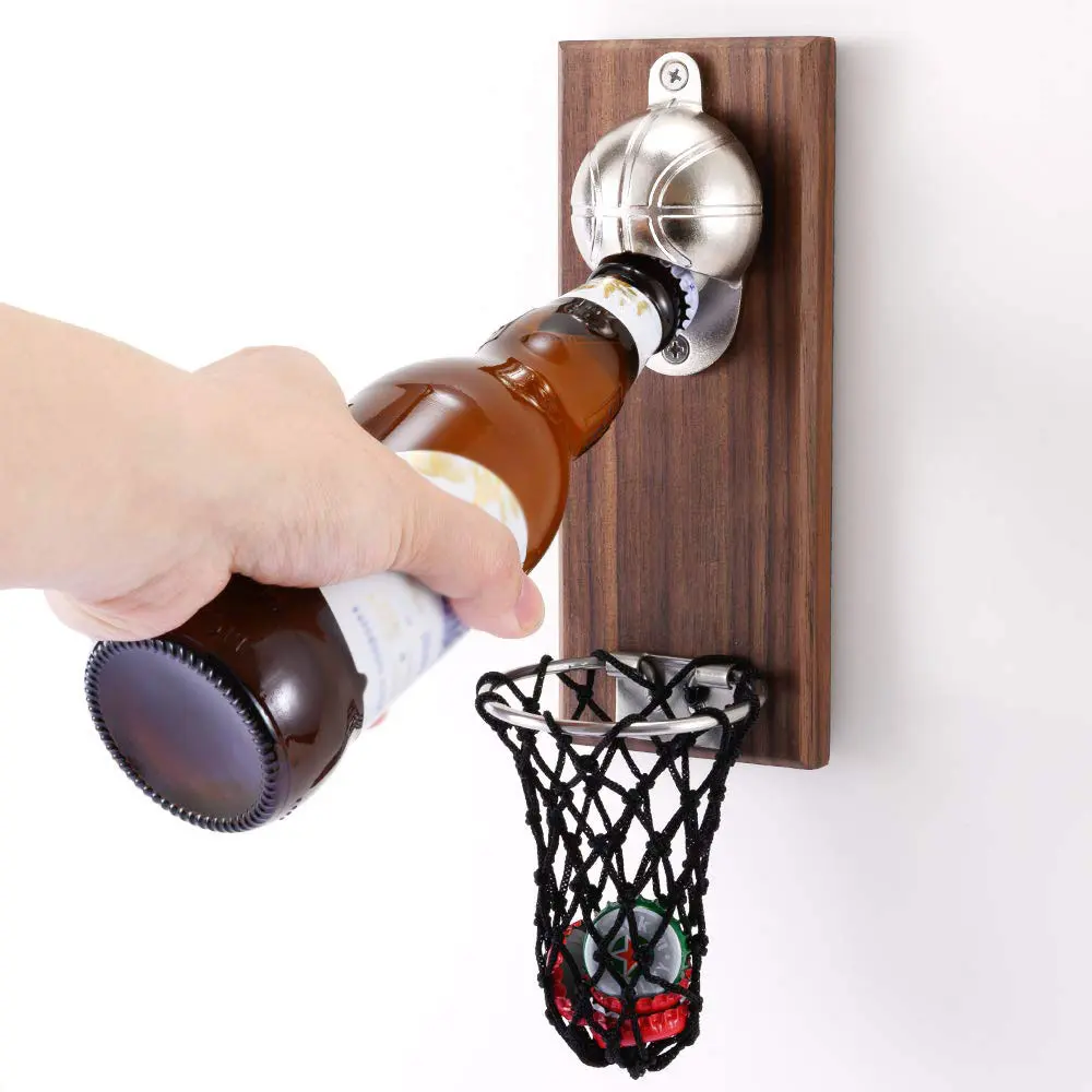 Basketball Beer Bottle Opener Wall Mounted with Bottle Cap Catcher Net, Unique Beer Gifts for Men Dad Boyfriend Husband, Cool Basketball Accessories for Man Cave Bar Game Room Decor homeessentials