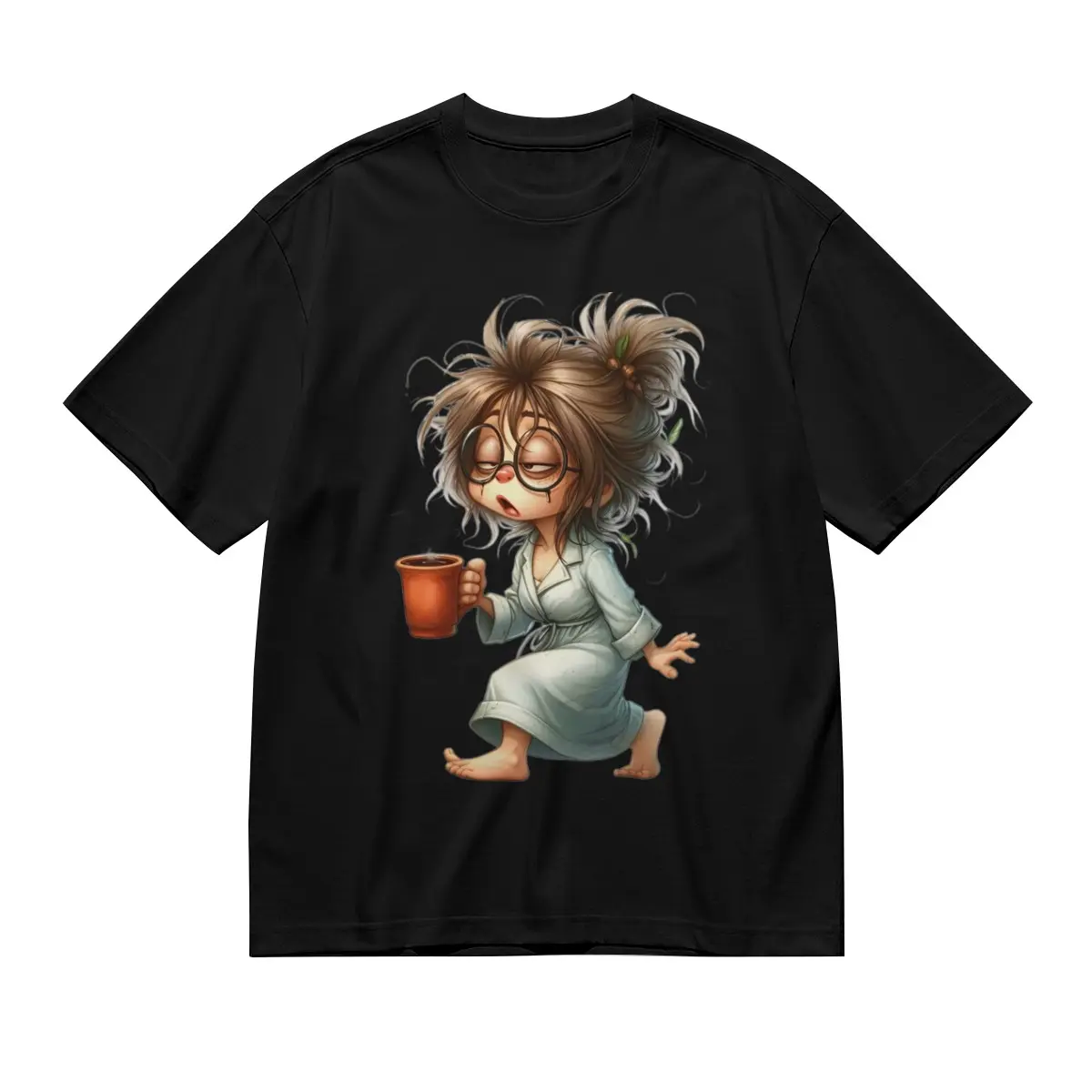 Women's Oversized Round Neck Cotton T-Shirt - Cap Sleeve, Streetwear Style, Sleepy Coffee Girl & Punk Music Note Prints, Elastic Fabric, Relaxed Fit Casual Tunic, Anniversary Gift, Beach Wear (Pairs with Shorts), Color-Sorted Wash, Do Not Bleach
