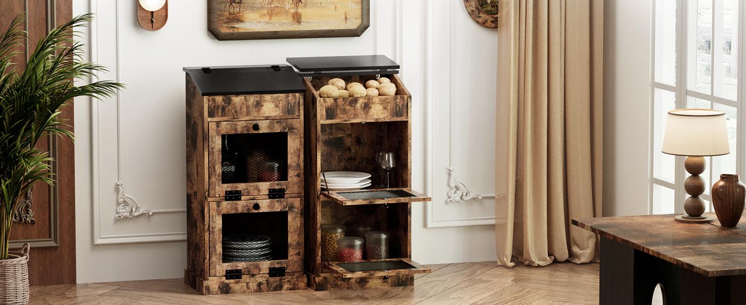 Large Potato Storage Wood Bin, Wooden Bread Storage Bins, Decorative Potato and Onion Storage Bin with 4 Doors, Potato Bin with Grocery Section, Wooden Vegetable Storage Box with Lid