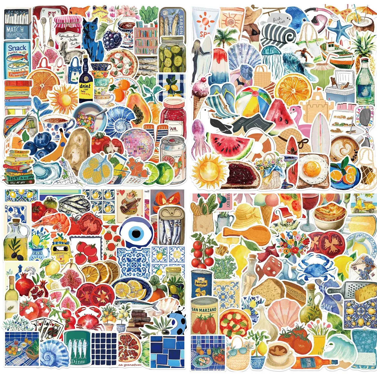 204 Cartoon Aesthetic Mediterranean Style Graffiti Stickers, Waterproof No-Residue Luggage Guitar Decals, Printed Stickers