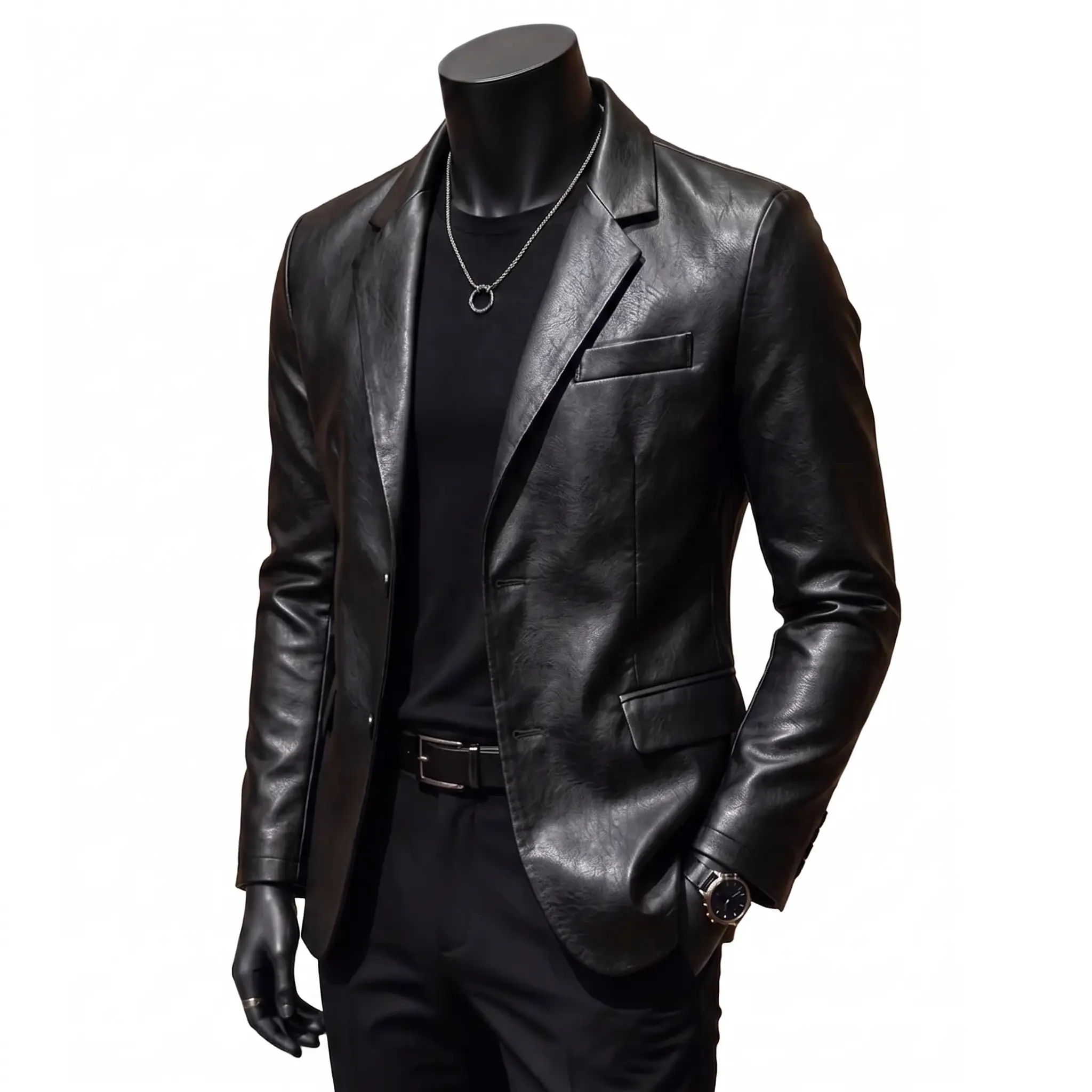 Men's PU Leather Blazer Jacket - Menswear Tops Jackets Coats, Notch Lapel, Single-Breasted Button, 100% Polyester Faux Leather, for Business Casual, Nights Out