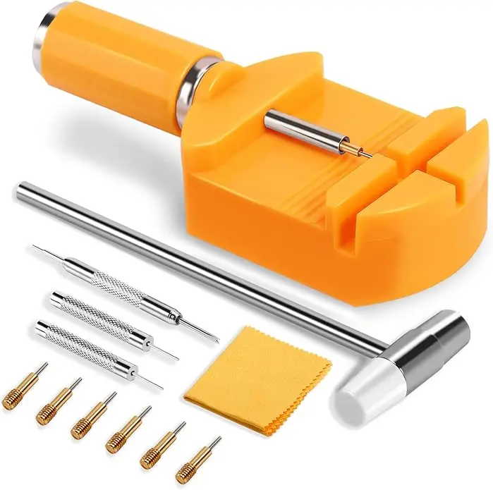Watch Link Removal Kit, Professional Pin Remover and Band Adjuster, Resizing Tool And Repair Set for Bracelet Adjustment & Replacement with 6 Extra Pins, 1 double-head hammer and 1 spring bar