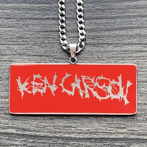 Red Ken Carson Necklace 1.5" Mirror Polished Pendant Laser Carved Stainless Steel Chain Red Enamel Jewelry Free Gift Included