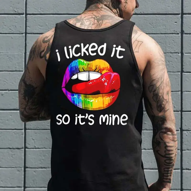 I LICKED IT SO IT'S MINE Iridescent Lips Black Print Tank Top- Tattoo Street Wear Casual Cotton Shirt, Unisex, Minimalist Style, Trending for Men & Women
