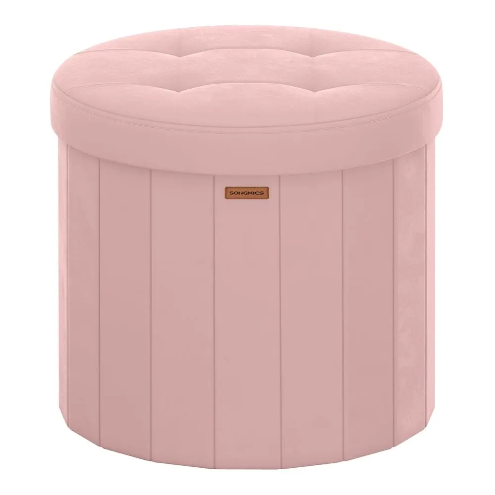 SONGMICS Mazie Collection - Round Storage Ottoman, Folding Footrest Stool with Removable Lid, Easy Assembly, Velvet Vanity Stool for Bedroom, Living Room, Entryway