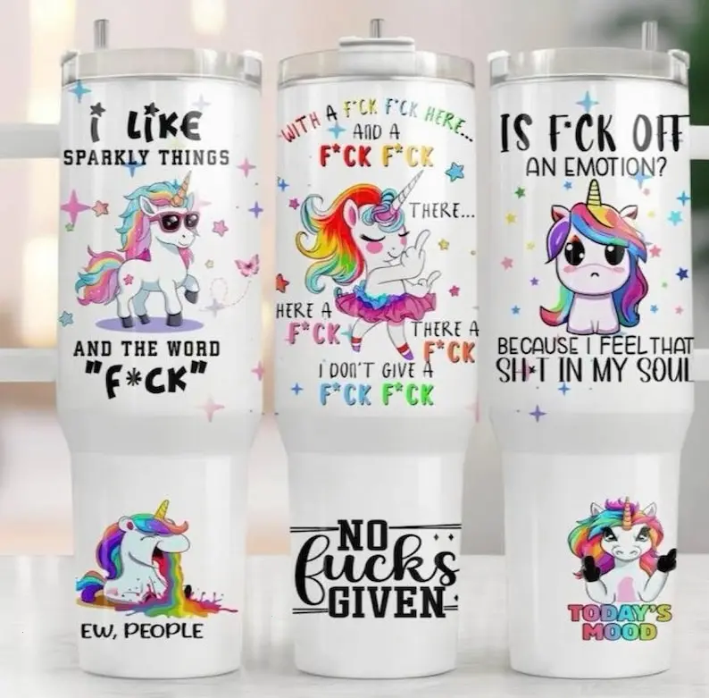 40oz Stainless Steel Tumbler With Handle, Straw & Lid, Funny Sarcastic Unicorn With Cuss Words Design, Insulated Travel Coffee Cup, Rude Humor Gag Gift for Women Best Friends Coworkers