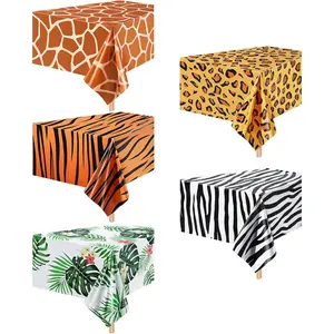Jungle Animal Theme Tablecloth Tiger Zebra Giraffe Print Tropical Leaf Table Cover Party Supplies for Jungle Safari Birthday Baby Showers Greenery Style 5 Pcs