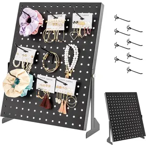 Metal Pegboard Jewelry Organizer Stand, Freestanding Earring Necklace Display Rack with Hooks, Jewelry Storage Holder for Earrings, Necklaces, Bracelets, Scrunchies, Retail Display & Home Use
