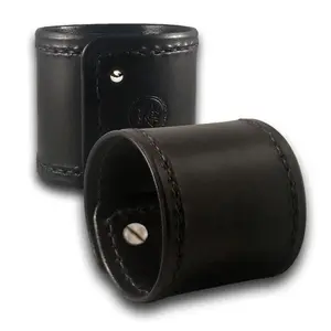 Wide Black Leather Cuff Wristband with Black Stitching