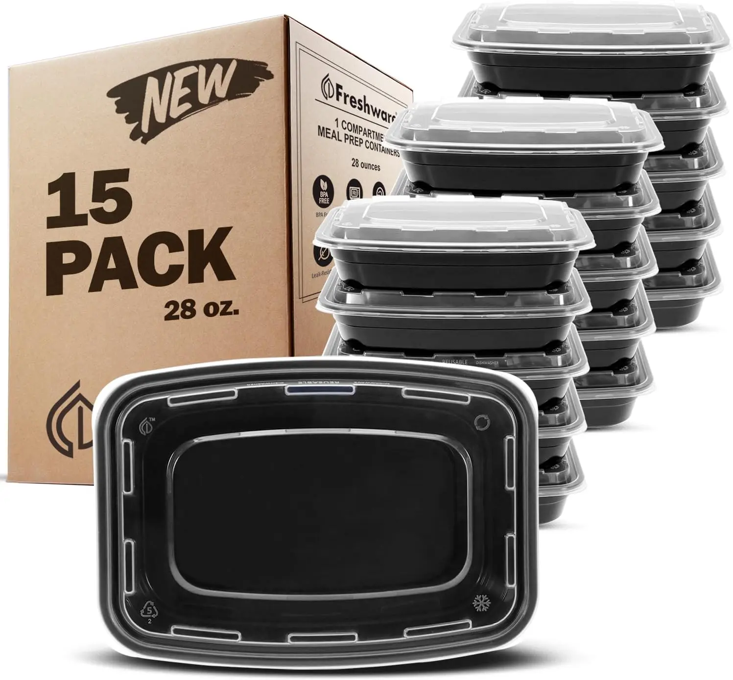 FRESHWARE 15-Pack 28oz 1-Compartment Reusable Plastic Food Containers with Lids - Sturdy BPA-Free, Stackable, Collapsible, Microwave/Dishwasher/Freezer Safe, Reusable Snack Containers, Snack Storage for Healthy Meals, School Lunches (Color May Vary), Food
