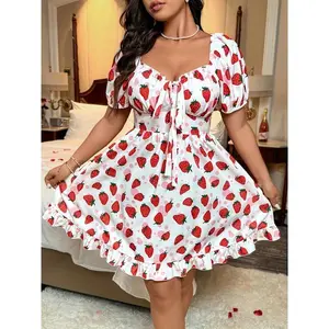 Plus Size Women'S Strawberry Print Sleeveless Dress - Romantic Red & White  Design, Short Ruffle Hem, Perfect for Valentine'S Day & Summer, Casual Elegance, Casual Elegance Dress |      Print Dress |     Short Sleeve Dress, Boho Multicolor Floral