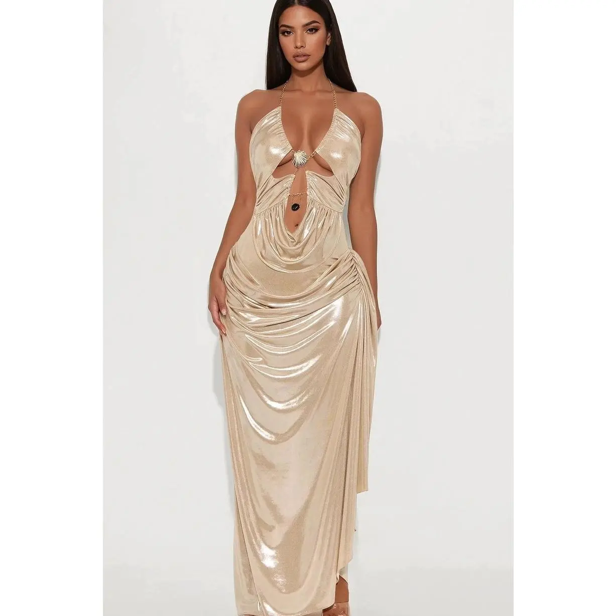 Mira Draped Metallic Maxi Dress - Gold F