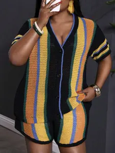 Ice Silk Hollow Out Colorblock Two-Piece Set, Spring Summer Beach Vacation Casual Short Sleeve Top + Shorts, Striped Loose-Fitting