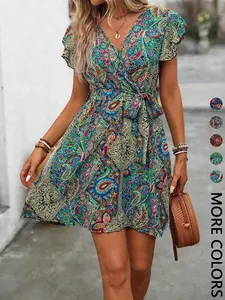 1 Piece Women's Paisley Print V-Neck Fit Ruffle Short Sleeve Tie Waist Flare Dress