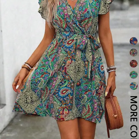 1 Piece Women's Feminine Paisley Print V-Neck Fit Ruffled Short Sleeve Tie Waist Flared Flare Boho Fashion Dress Style