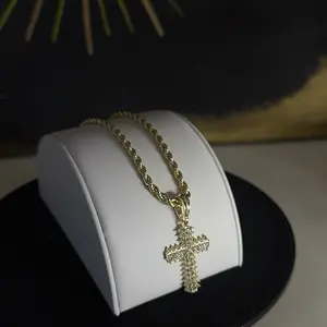Women's Gold Plated Mid-Size Cross Pendant Necklace with Cubic Zirconia, 24-Inch Rope Chain, Elegant Chic Accessory for Stylish Everyday Wear, Cross Necklace Women