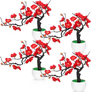 4 Pack Artificial Plum Blossom Bonsai, Fake Plum Blossom Silk Flower Arrangement with Flower Pot, Cherry Blossoms Decor for Hibachi Party Chinese Japanese Asian Theme Party Supplies(Lateral)