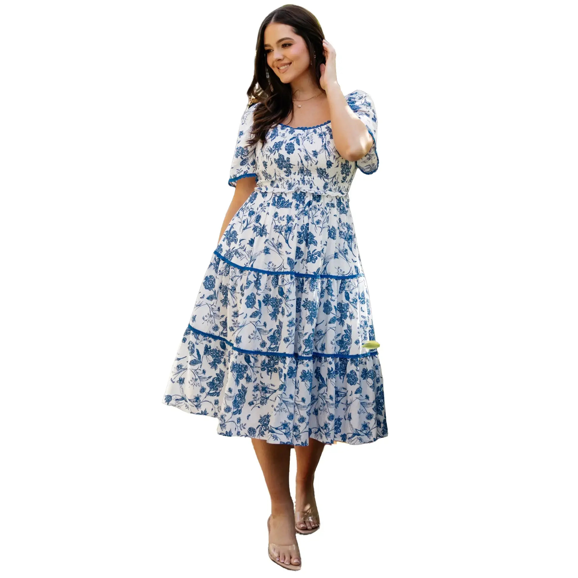 Baltic Born Freya Tiered Midi Dress - White + Blue, Polyester-Rayon-Nylon Blend, Puffed Short Sleeves, Smocked, Elastic Skirt, Floral Style Women's Casual Clothes, Everyday - TikTok Shop Baltic Born Freya Tiered Midi Dress - White + Blue, Polyester-Rayon-Nylon Blend, Puffed Short Sleeves, Smocked, Elastic Skirt, Floral Style Women's Casual Clothes, Everyday - TikTok Shop