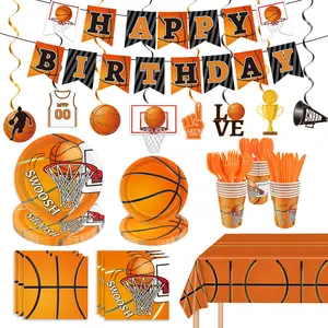 178 Pcs Basketball Theme Birthday Party Decorations Basketball Party Supplies Set Include Plates, Napkin, Cup, Fork, Knives, Spoon, Tablecloth, Banner for Kids and Adults, Serves 24 Guests Disposable
