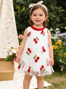 Baby Girl Cherry Embroidery Sleeveless Dress, Summer Mesh Princess Dress, Sweet Collar Vest Dress, Infant Toddler Summer Clothes, White Dress