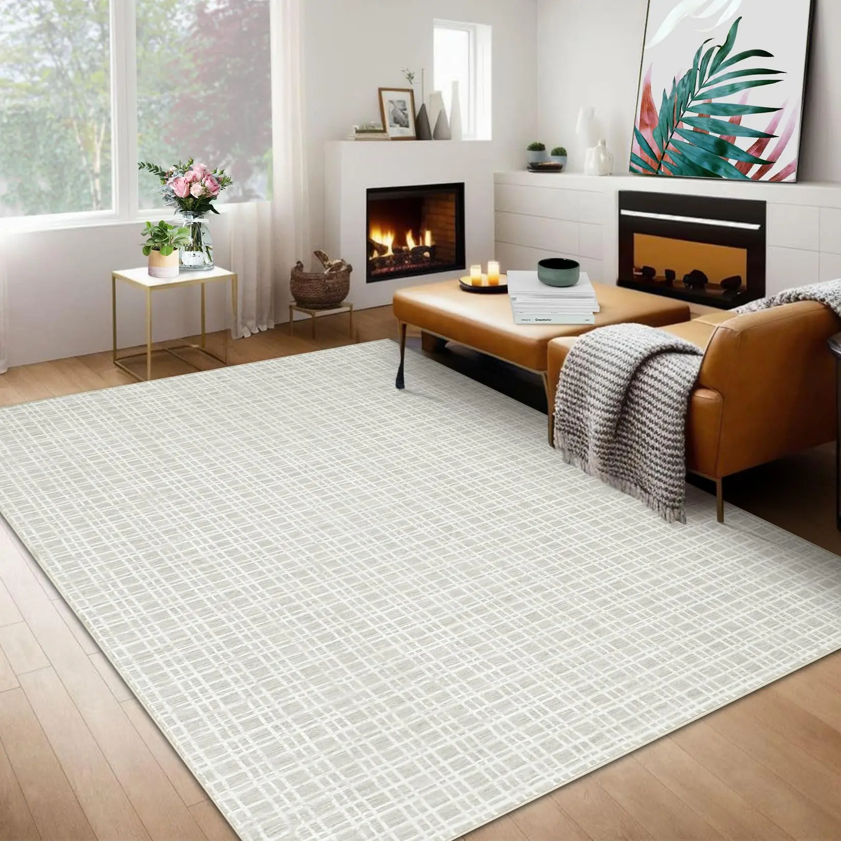 【GARVEE】Rug 8x10 Modern Plaid Washable Area Rugs for Living Room, Low Pile Non-Slip Geometric Soft Bedroom Rug, Stain Resistant Contemporary Checkered Print Indoor Carpet for Office Farmhouse Dining Room,Gray