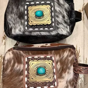 Western Style Turquoise Concho makeup Bag with Cowhide Pattern and Gold Trim