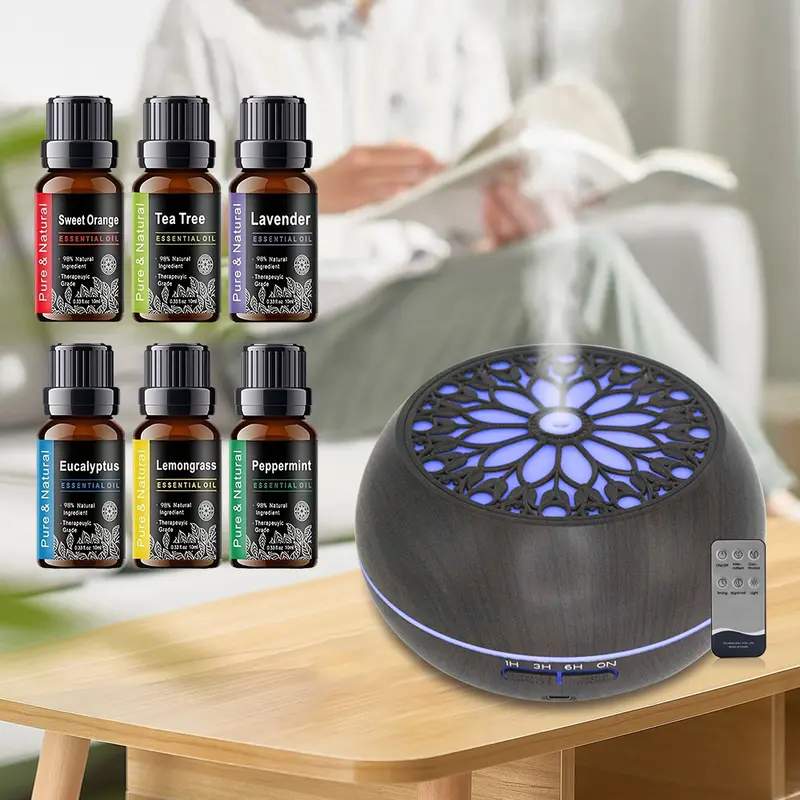 5-in-1 Ultrasound Fragrance Machine Humidifier - 16.91oz/550ml Plastic Auto-Shutoff Device with Timer, Humidity Control, Nightlight, Modern Home Decor, Relaxing Gift, Includes 6 Oils for Clean Air