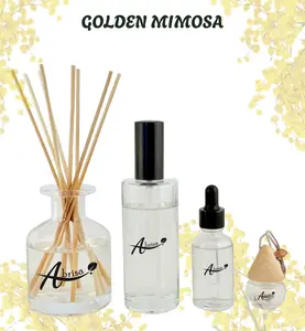 Golden Mimosa - Full Experience Aromatherapy Bundle with Reed Diffuser, Home Spray, Water Soluble Essence, & Car Air Freshener for Calm & Clarity