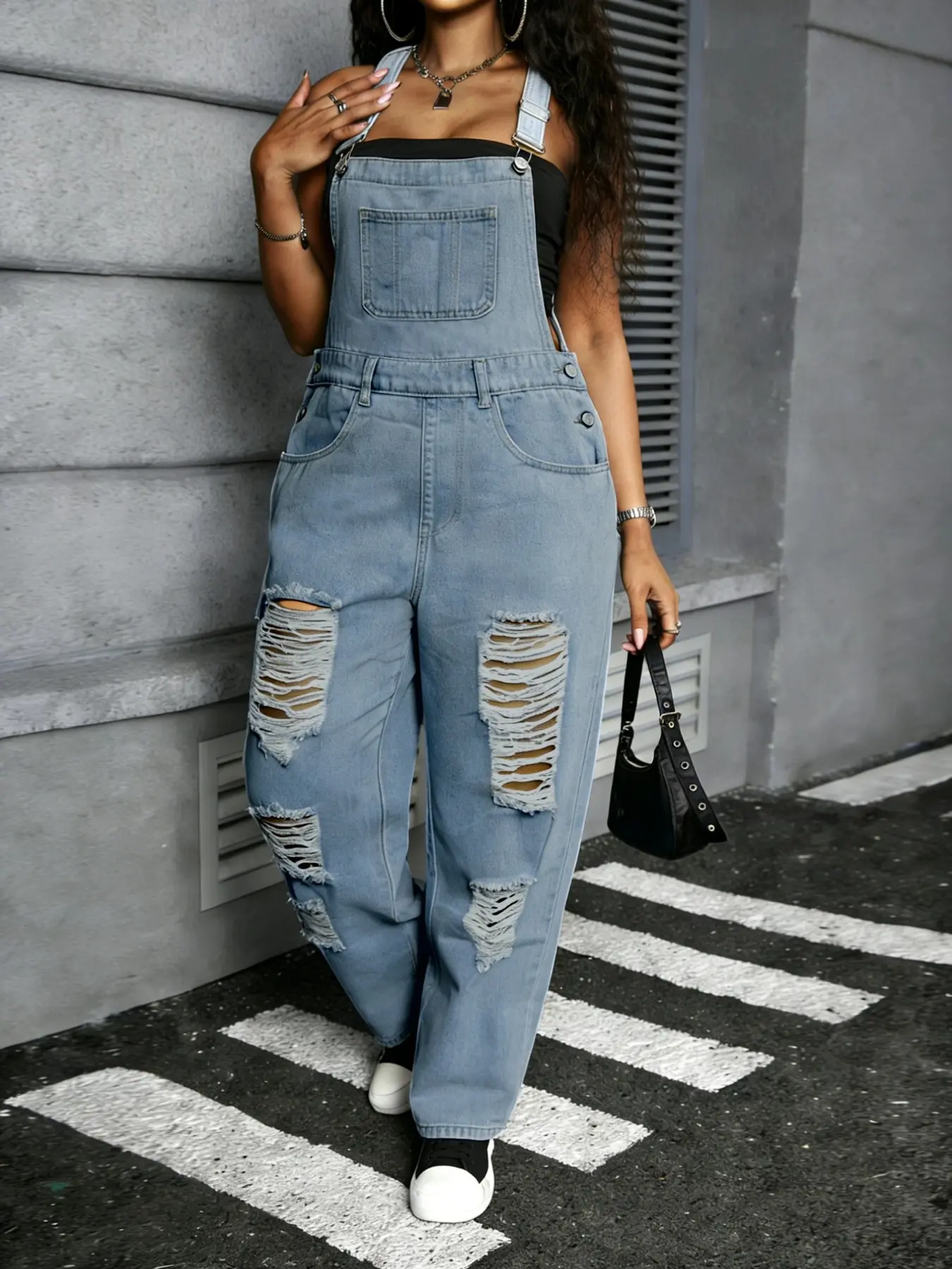 Women's Plus Size Distressed Denim Harem Pants, Loose Fit Washed Jeans, Casual Fashion for All Seasons, Party and Date Wear, Overalls