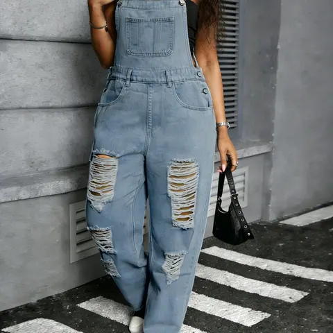 Women's Plus Size Distressed Denim Harem Pants, Loose Fit Washed Jeans, Casual Fashion for All Seasons, Party and Date Wear, Overalls