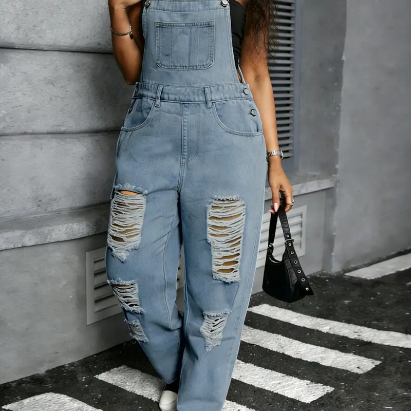 Women's Plus Size Distressed Denim Harem Pants, Loose Fit Washed Jeans, Casual Fashion for All Seasons, Party and Date Wear, Overalls