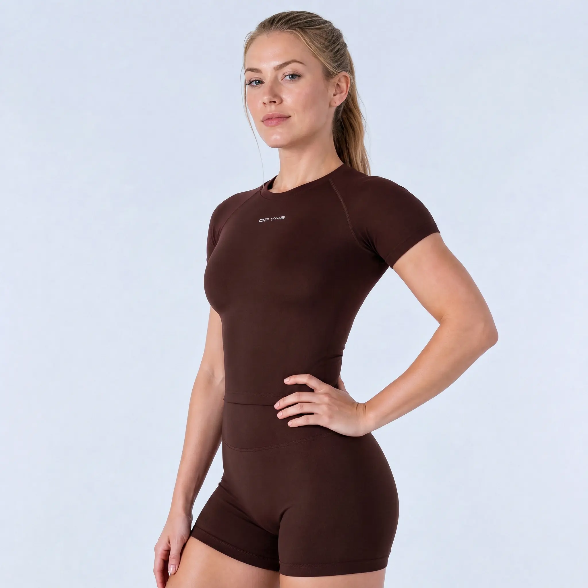 DFYNE Impact Women's 2-Piece Short Sleeve & Shorts Workout Set - Sculpting Contour, Breathable 4-Way Stretch, Longline Raglan Sleeves, Durable Shape-Retaining, Compression Shirt, Moisture-Wick Gym Outfit, Workout Sets Women