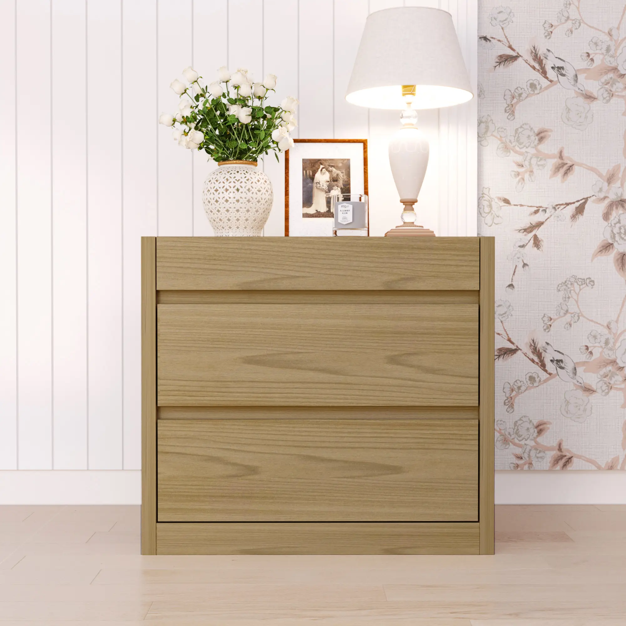 FUFU&GAGA Modern Sturdy Wood Bedside Table - Casual Compact 2-Drawer Nightstand with Wireless Charging Station, USB Ports, Swipe Card/Remote Phone Unlock, 23.6" Tall Light Brown Indoor Cabinet for Bedroom, Entryway