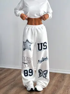 Casual Women's Drawstring Printed Sports Pants, Loose-Fitting Thick Fabric for Fall & Winter, Ideal for Graduation & Teacher
