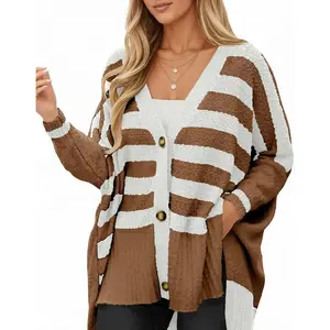 Women’s Oversized Striped Cardigan Sweater, V-Neck, Fuzzy Knit, Button-Front, Side Slit — Autumn Sweater Coat